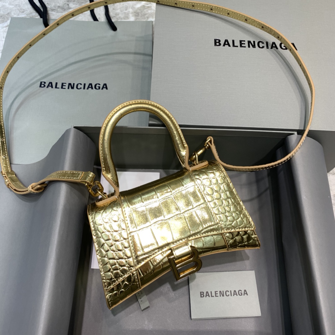 Balenciaga Hourglass XS Handbag Crocodile Embossed Shoulder Bag Gold